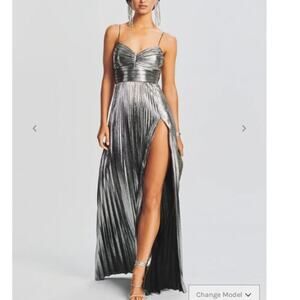 NEW Retrofête Cherith Dress Pleated Metallic Gown Silver Gunmetal Slit Dress L
